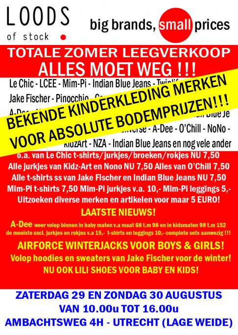 Totale leegverkoop van bekende kinderkleding merken en aanvang van winter outlet kinderkleding en kinderschoenen